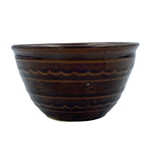 Vintage Brown Ceramic Bowl With Wavy Pattern Stripes Handmade Pottery Rice Tea C - Picture 2 of 6
